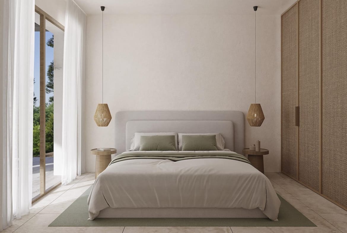Bright and serene bedroom with natural light and woven wardrobes in a modern 4-bedroom Ibizan villa in La Fustera, Benissa