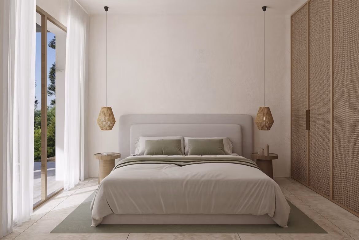 Bright and serene bedroom with natural light and woven wardrobes in a modern 4-bedroom Ibizan villa in La Fustera, Benissa