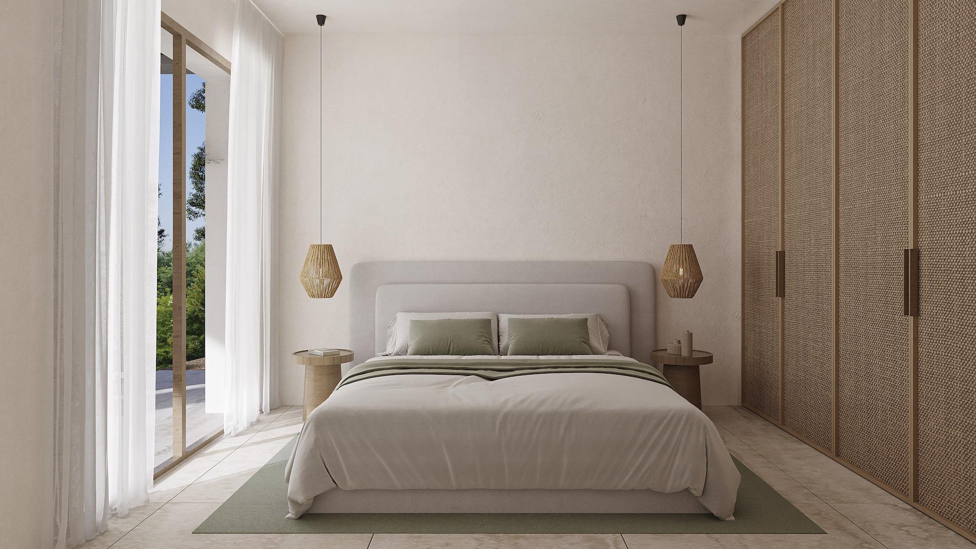 Bright and serene bedroom with natural light and woven wardrobes in a modern 4-bedroom Ibizan villa in La Fustera, Benissa