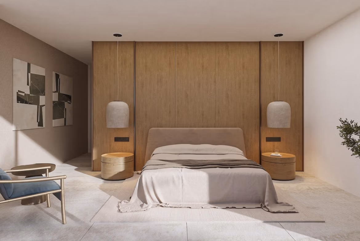 Bright minimalist bedroom with wooden accents in stunning 4-bedroom Ibizan villa in La Fustera, Benissa