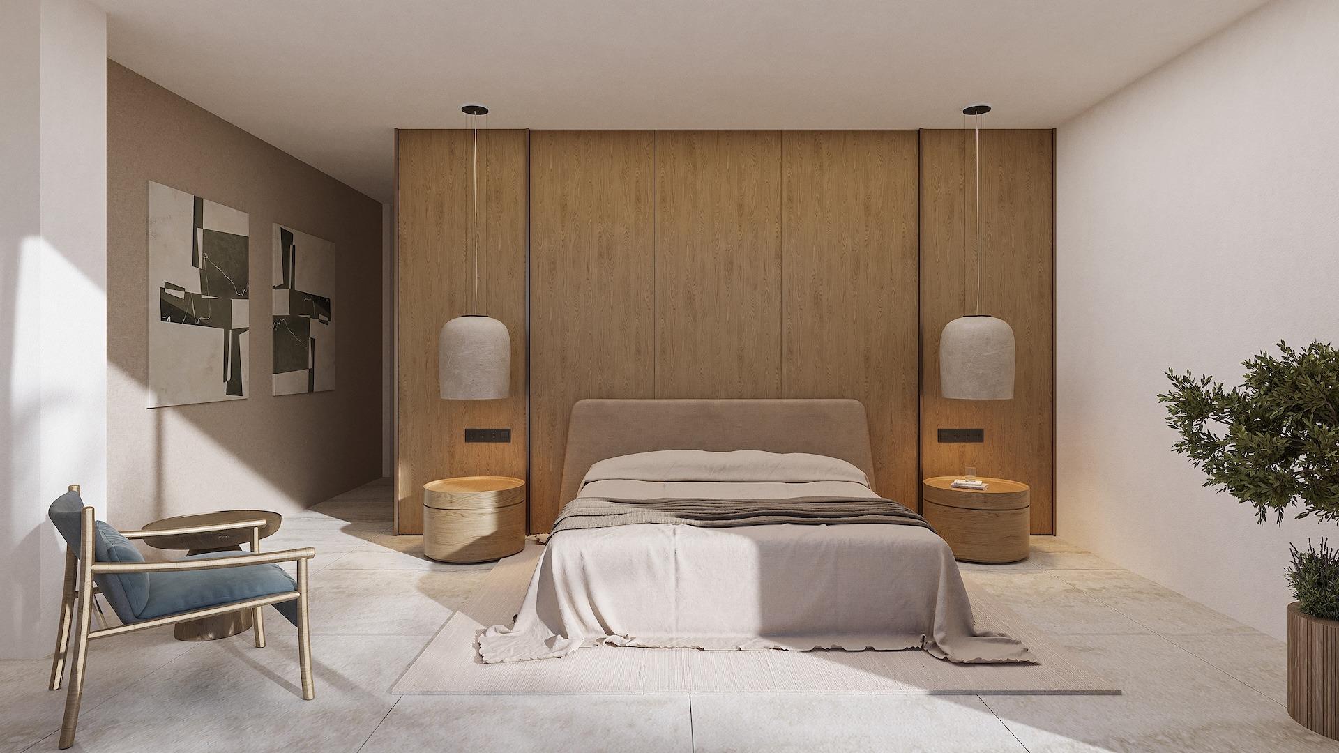 Bright minimalist bedroom with wooden accents in stunning 4-bedroom Ibizan villa in La Fustera, Benissa