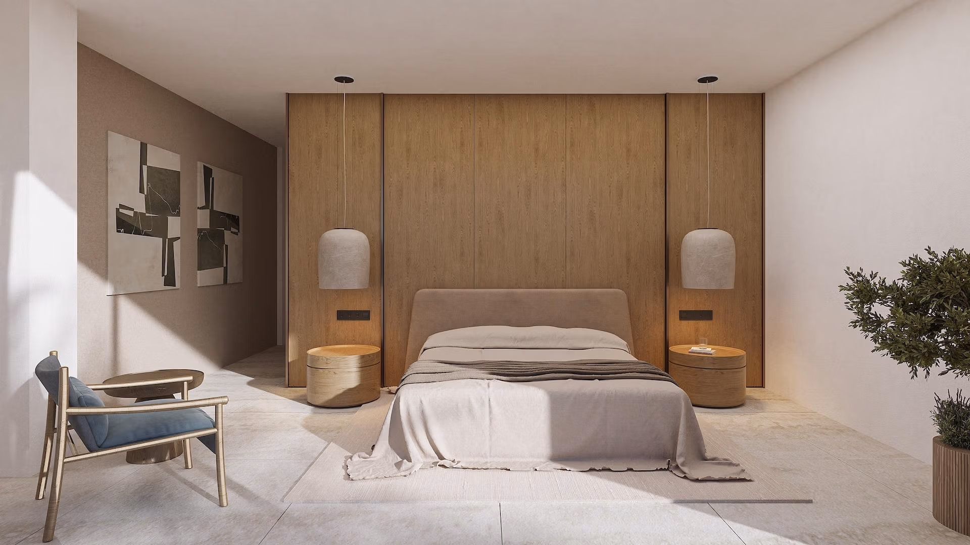 Bright minimalist bedroom with wooden accents in stunning 4-bedroom Ibizan villa in La Fustera, Benissa