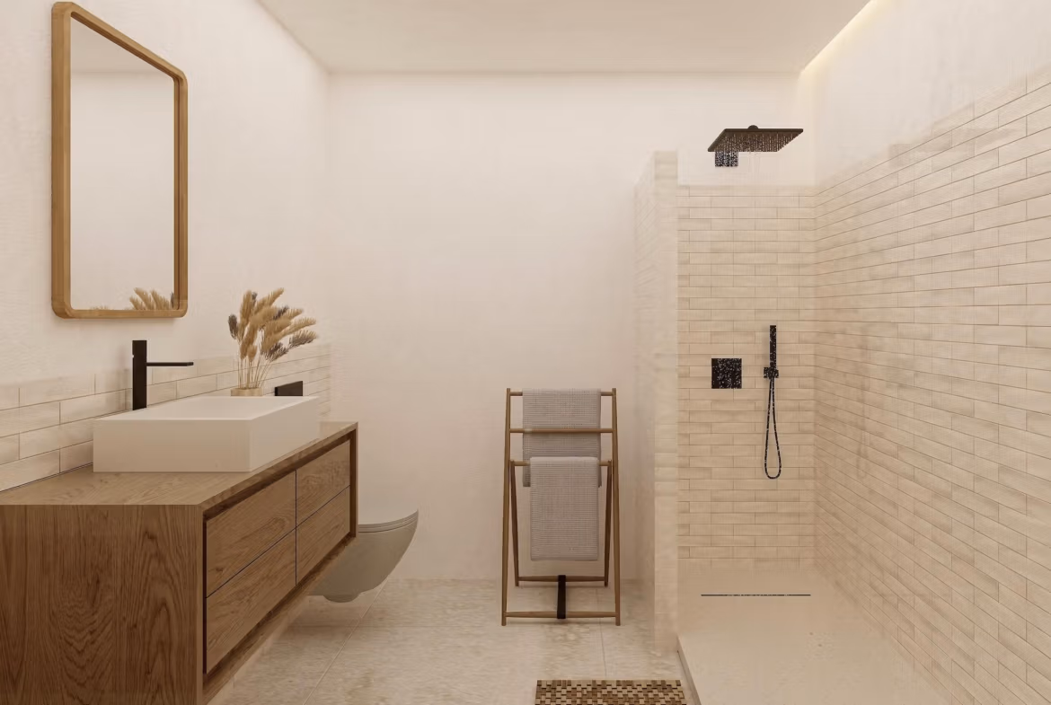 Modern sunlit bathroom with walk-in shower and natural wood vanity in stunning 4-bedroom Ibizan villa, La Fustera, Benissa