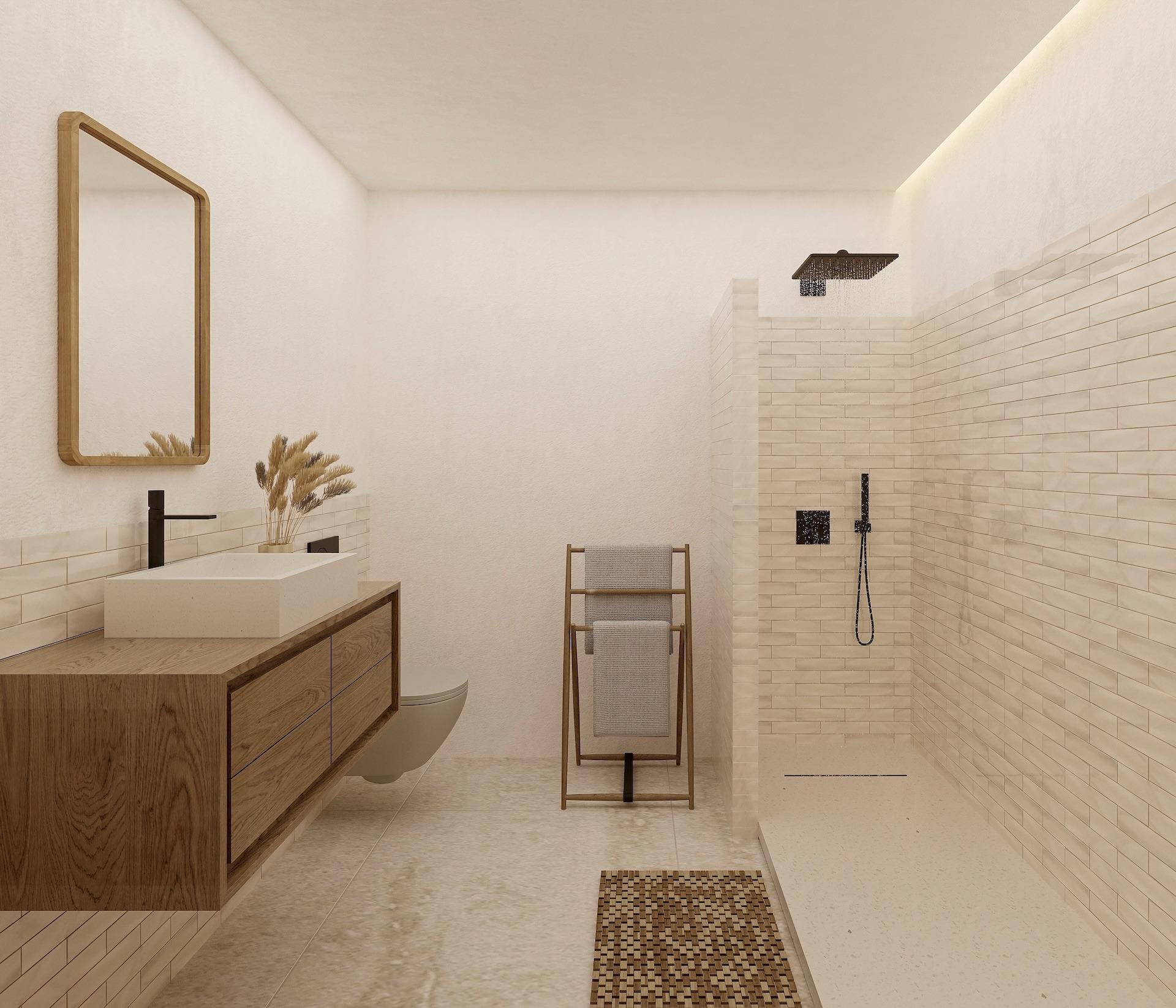 Modern sunlit bathroom with walk-in shower and natural wood vanity in stunning 4-bedroom Ibizan villa, La Fustera, Benissa