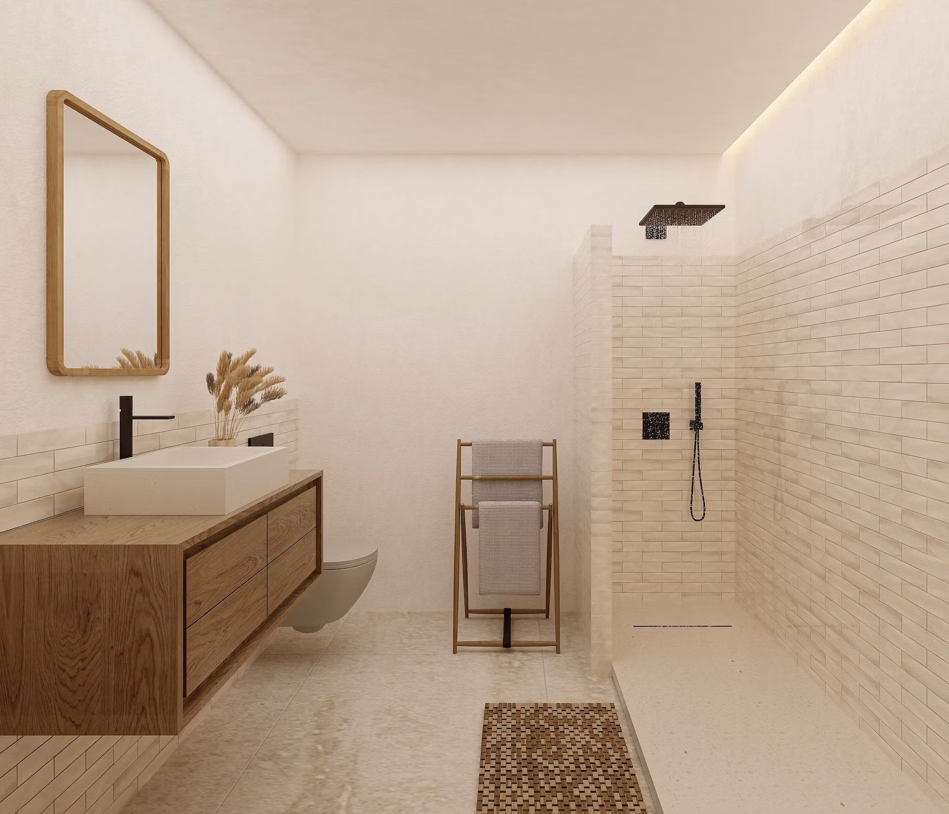 Modern sunlit bathroom with walk-in shower and natural wood vanity in stunning 4-bedroom Ibizan villa, La Fustera, Benissa