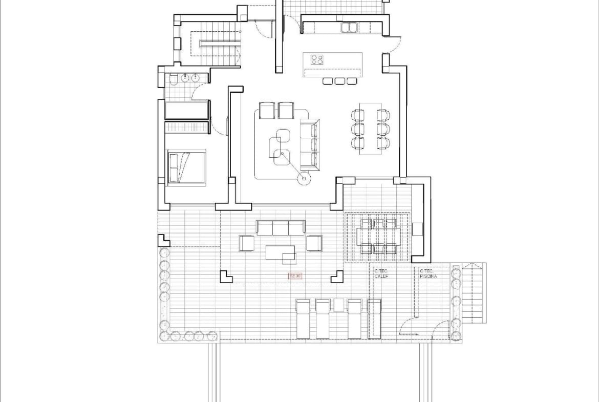 Detailed architectural floor plan of a modern 4-bedroom Ibizan villa in La Fustera, Benissa, highlighting spacious open living and terrace areas.