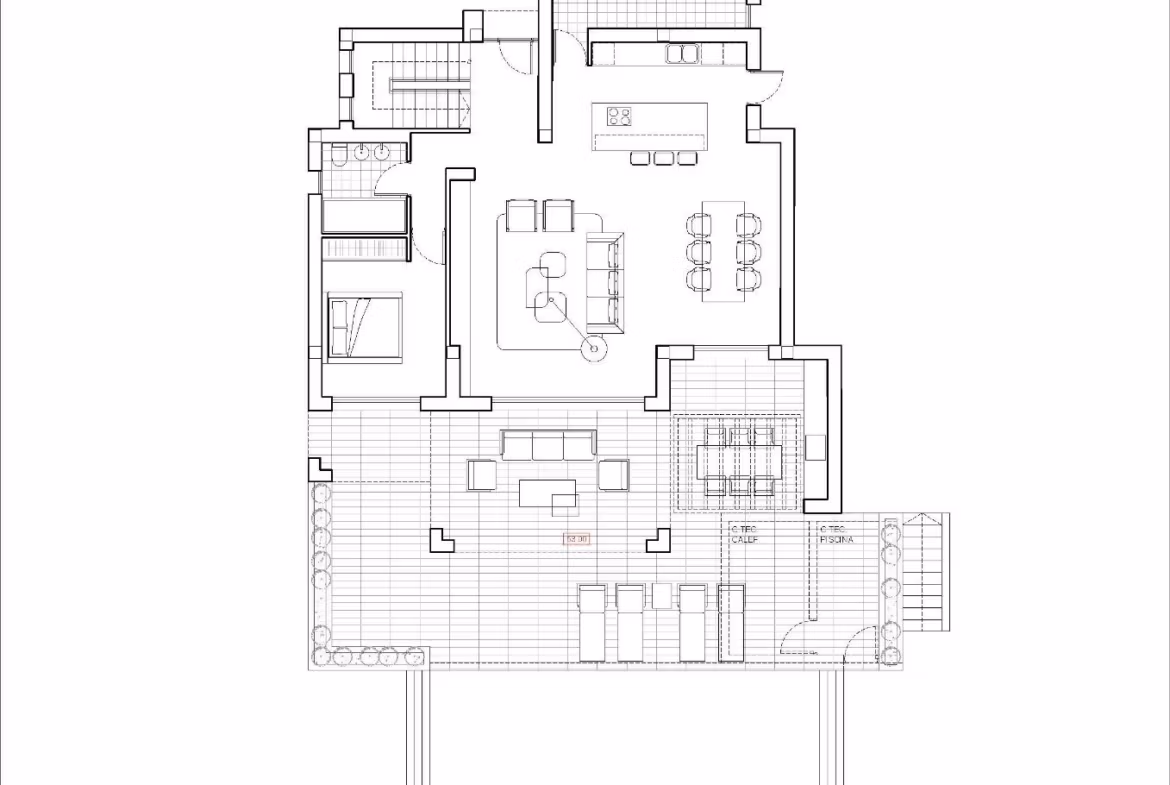 Detailed architectural floor plan of a modern 4-bedroom Ibizan villa in La Fustera, Benissa, highlighting spacious open living and terrace areas.