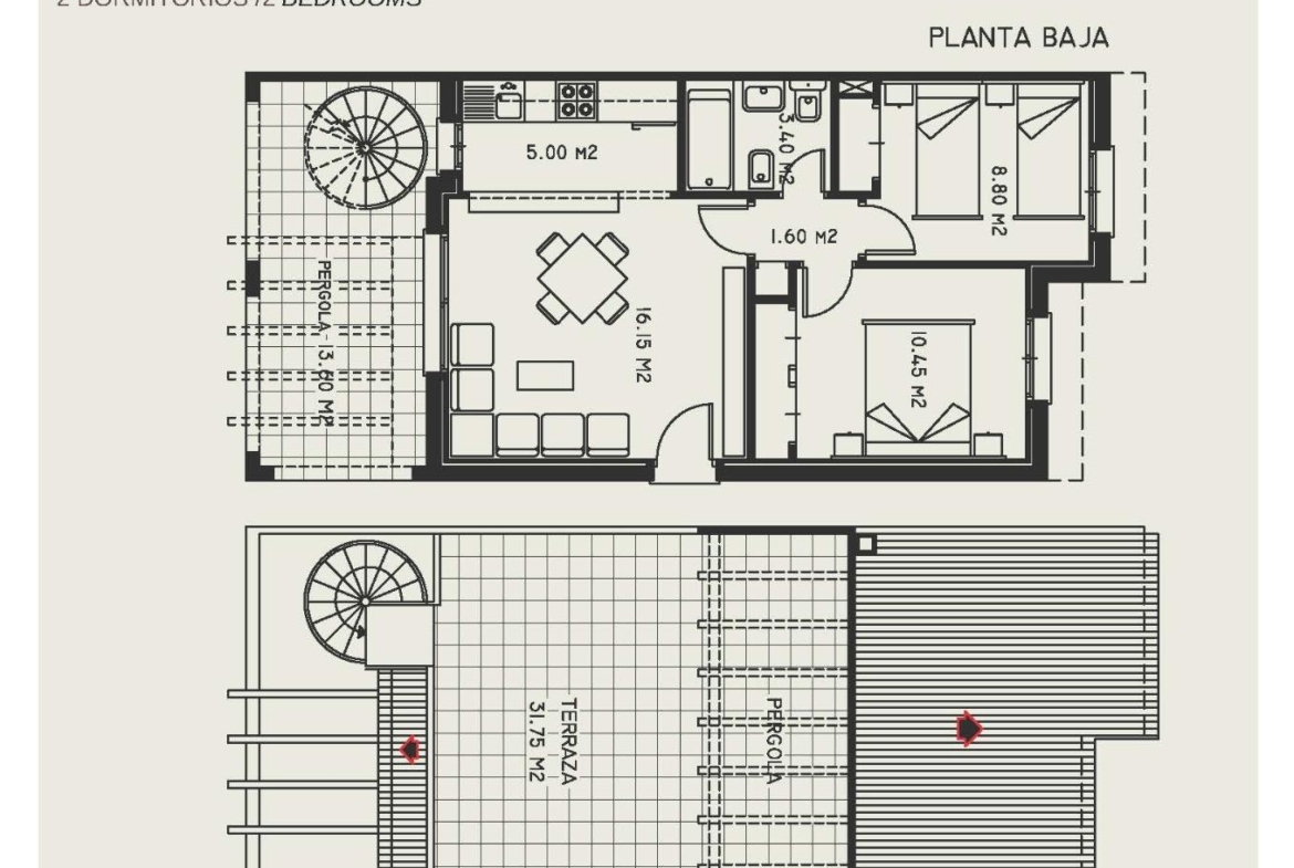 Spacious top floor bungalow apartment floor plan in Calpe featuring two bedrooms, open living area, and large sun-drenched terrace solarium.