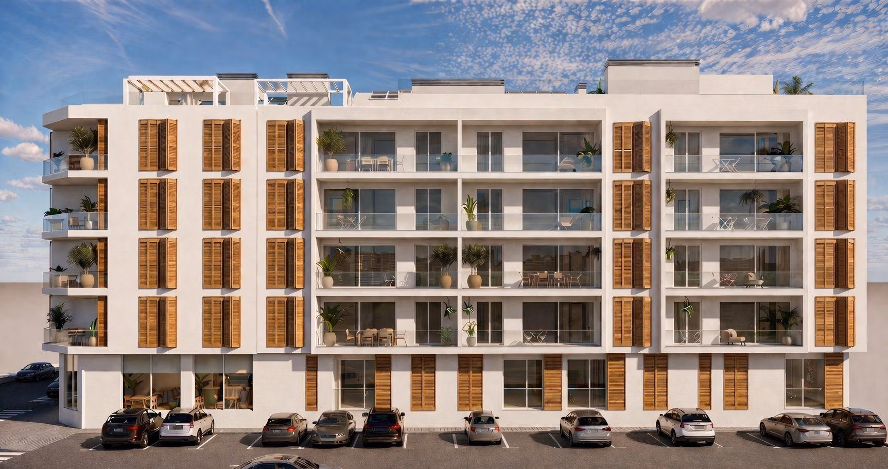 Modern sun-drenched new build studio apartment building with spacious balconies and stylish wooden shutters in Lo Pagán, San Pedro del Pinatar