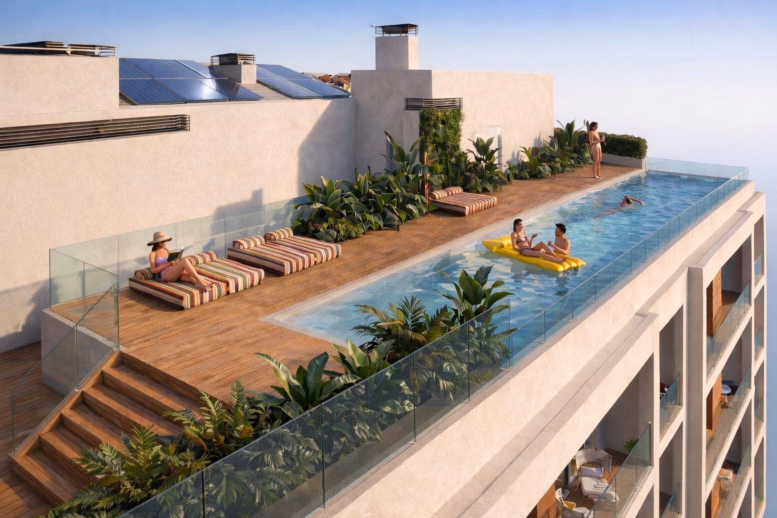 Sun-drenched infinity pool with lush landscaping atop a modern furnished 2-bedroom tourist apartment in Lo Pagán, San Pedro del Pinatar.