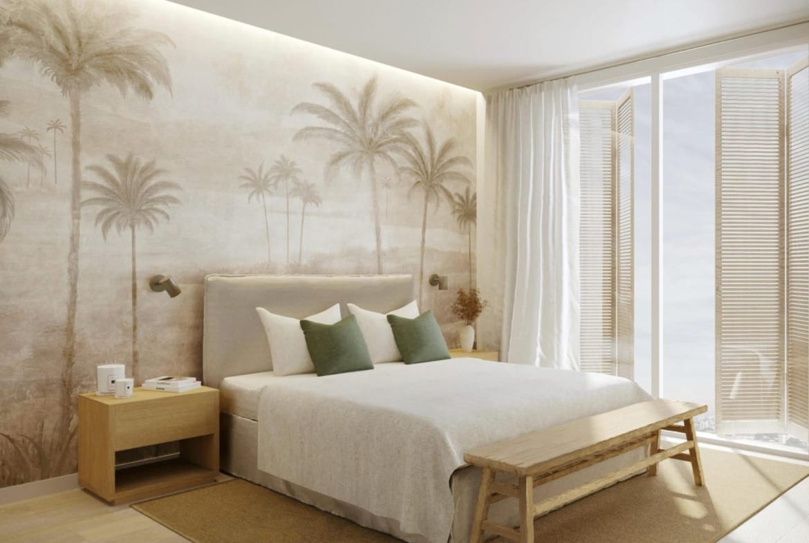 Bright, modern furnished bedroom with tropical palm mural and natural light in 2-bedroom tourist apartment, Lo Pagán, San Pedro del Pinatar