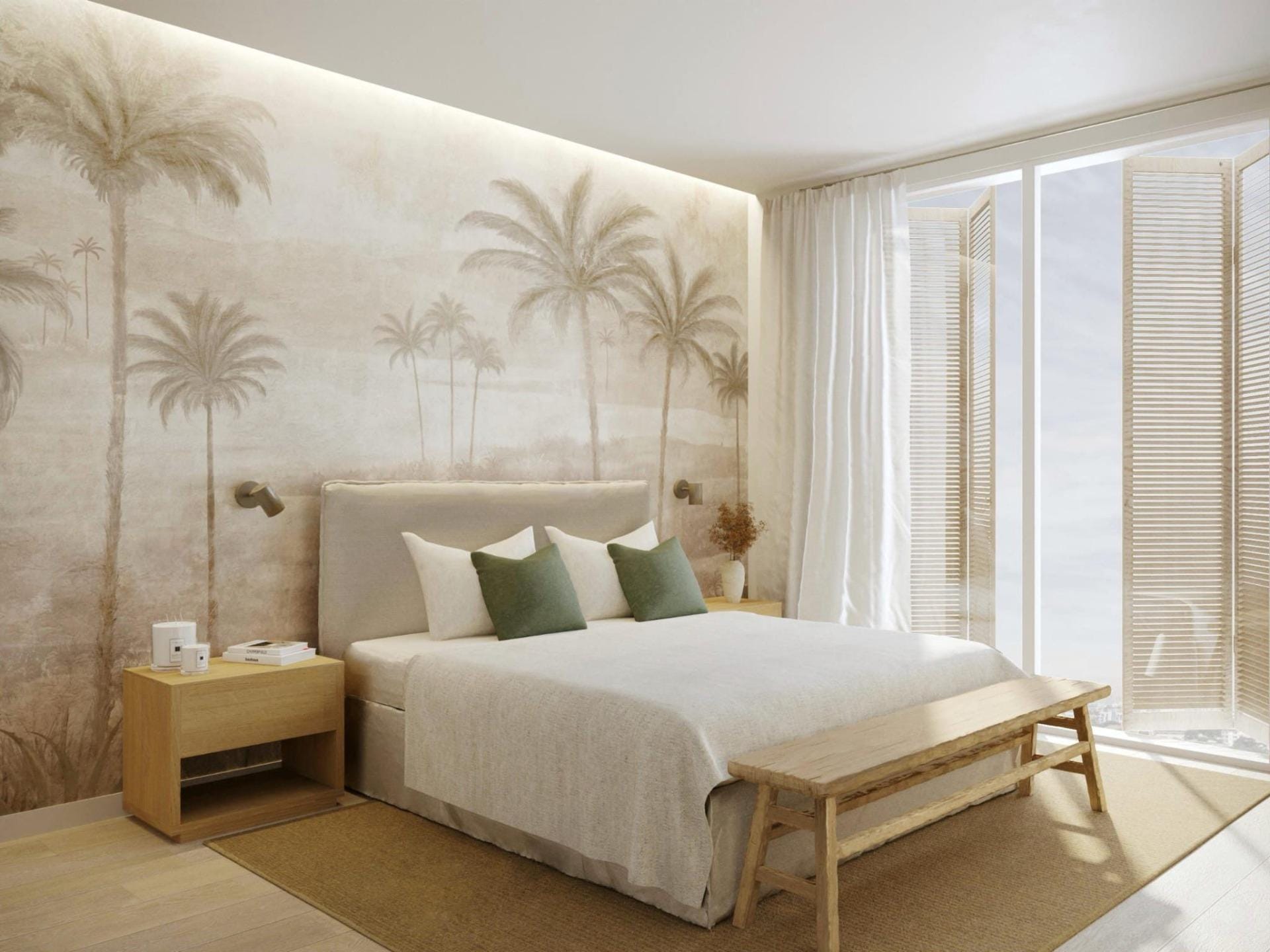 Bright, modern furnished bedroom with tropical palm mural and natural light in 2-bedroom tourist apartment, Lo Pagán, San Pedro del Pinatar