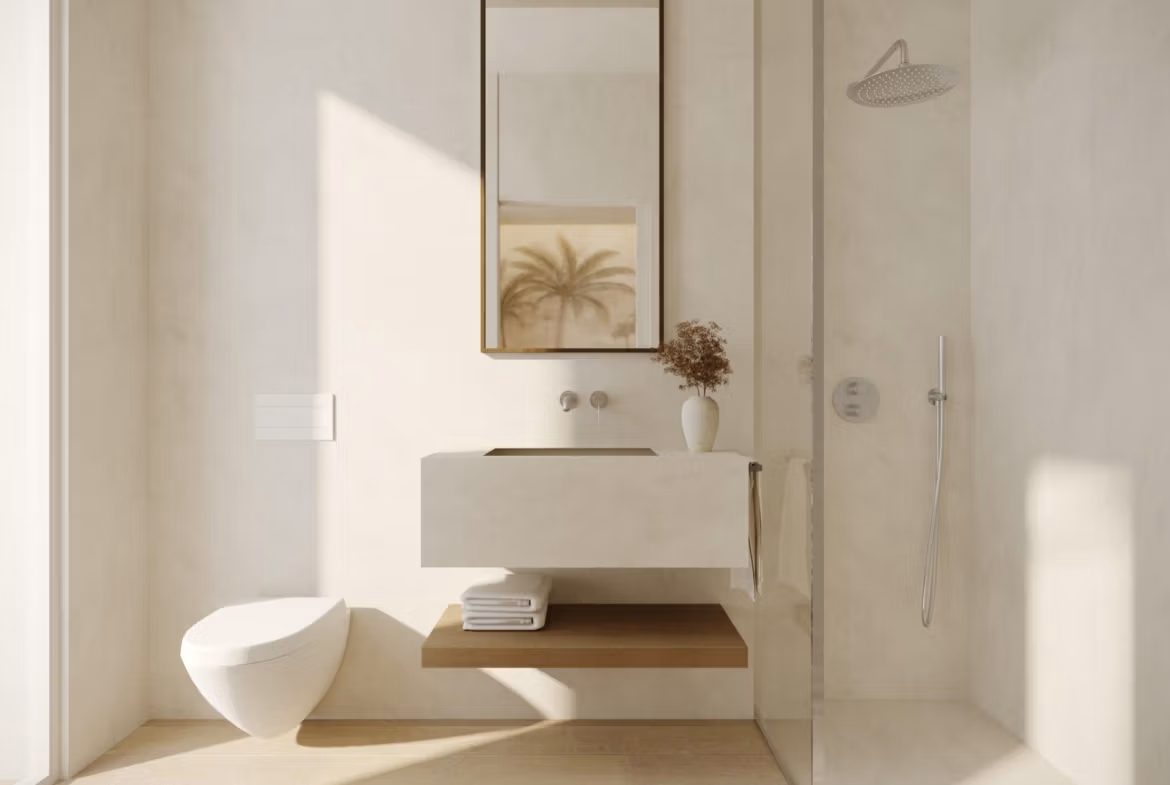 Bright modern bathroom with walk-in shower and sleek fixtures in furnished new build 2-bedroom apartment Lo Pagán, San Pedro del Pinatar