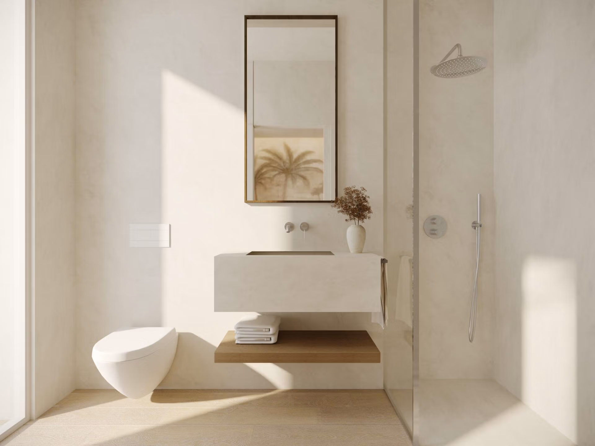 Bright modern bathroom with walk-in shower and sleek fixtures in furnished new build 2-bedroom apartment Lo Pagán, San Pedro del Pinatar