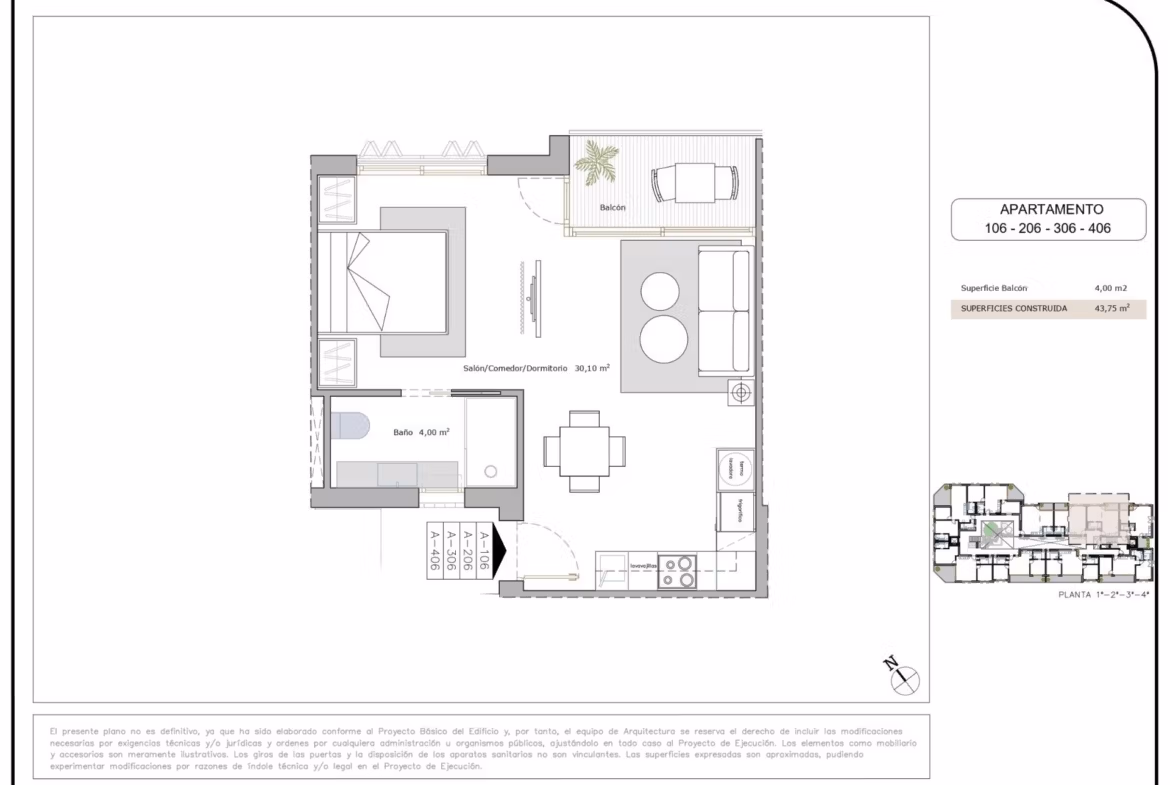 Bright and modern furnished studio apartment with open-plan living, balcony, and kitchen in new build complex in Lo Pagán, San Pedro del Pinatar.