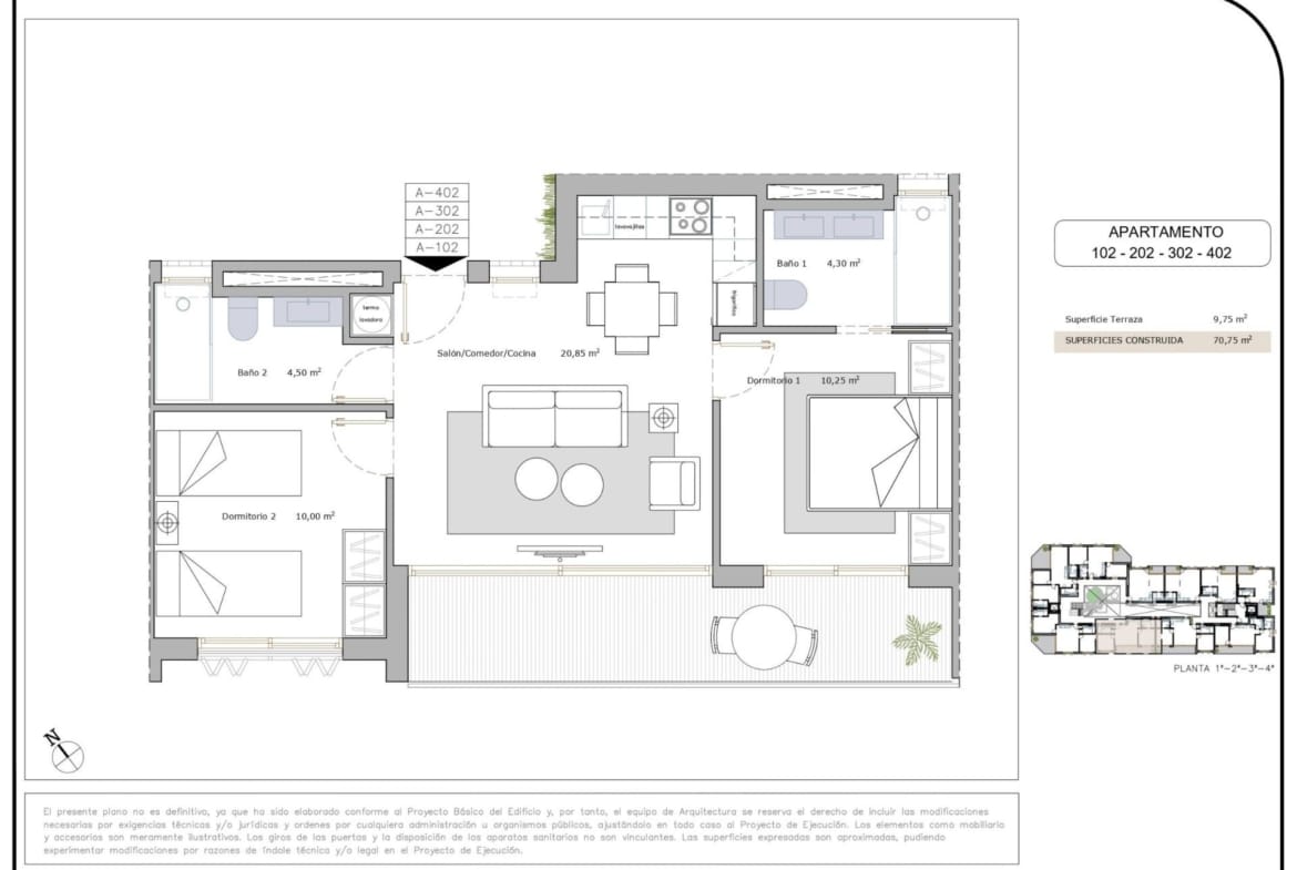 Bright open-plan furnished 2-bedroom tourist apartment floor plan with spacious living area and terrace in modern Lo Pagán, San Pedro del Pinatar.