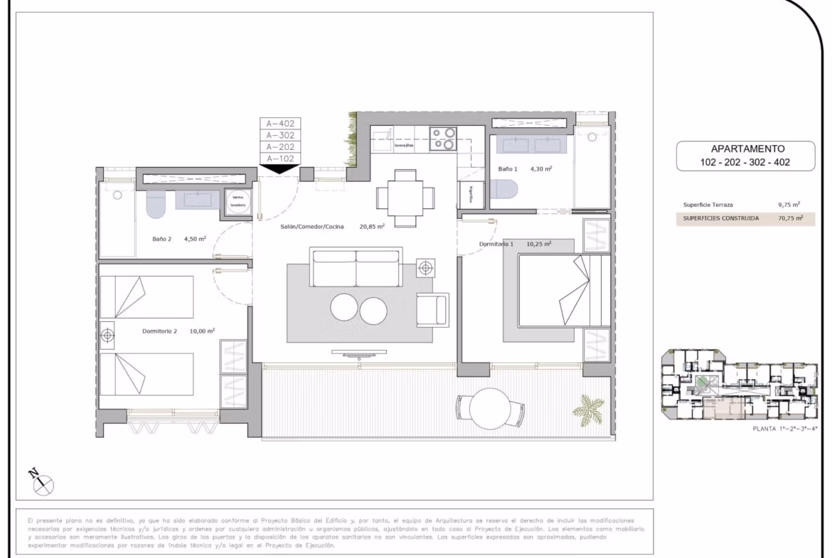 Bright open-plan furnished 2-bedroom tourist apartment floor plan with spacious living area and terrace in modern Lo Pagán, San Pedro del Pinatar.