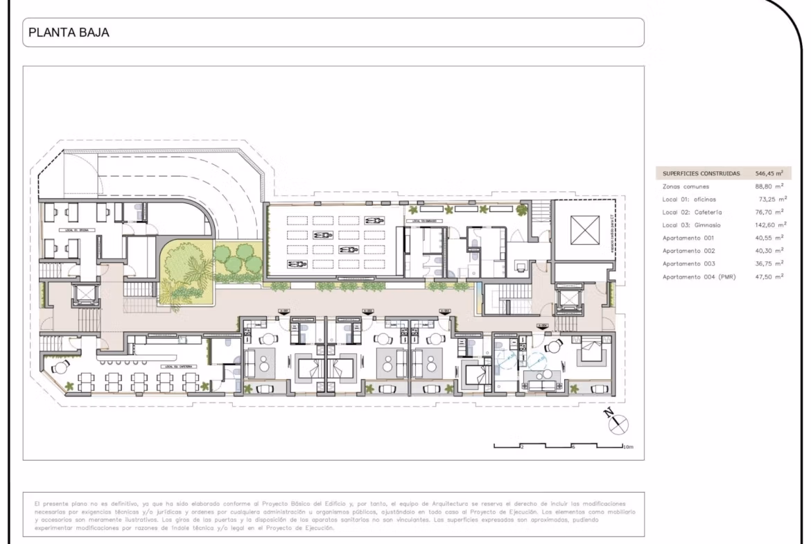 Detailed floor plan of a modern furnished 2-bedroom tourist apartment complex with landscaped courtyard in Lo Pagán, San Pedro del Pinatar.