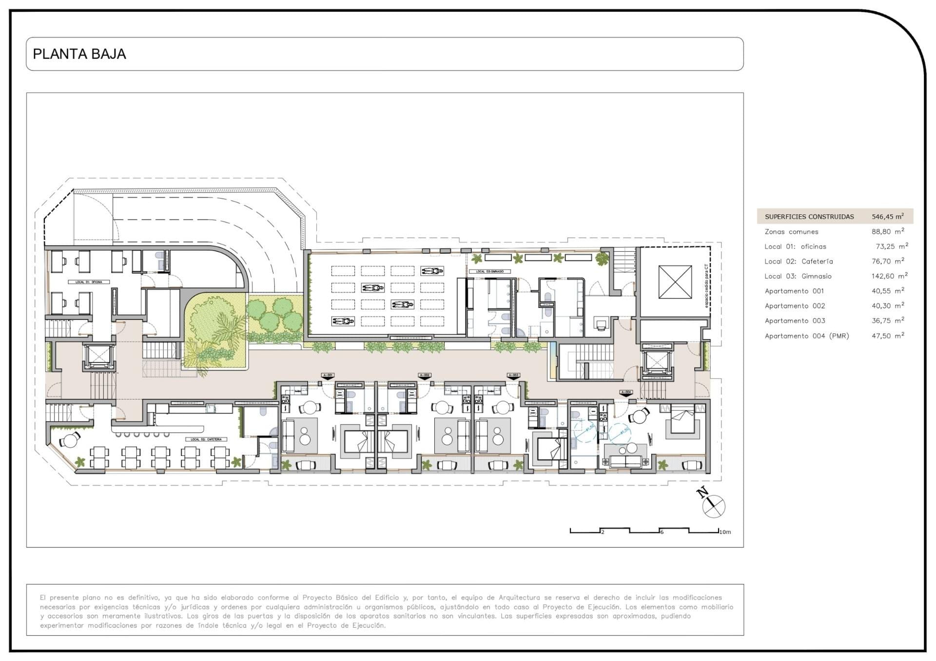 Detailed floor plan of a modern furnished 2-bedroom tourist apartment complex with landscaped courtyard in Lo Pagán, San Pedro del Pinatar.