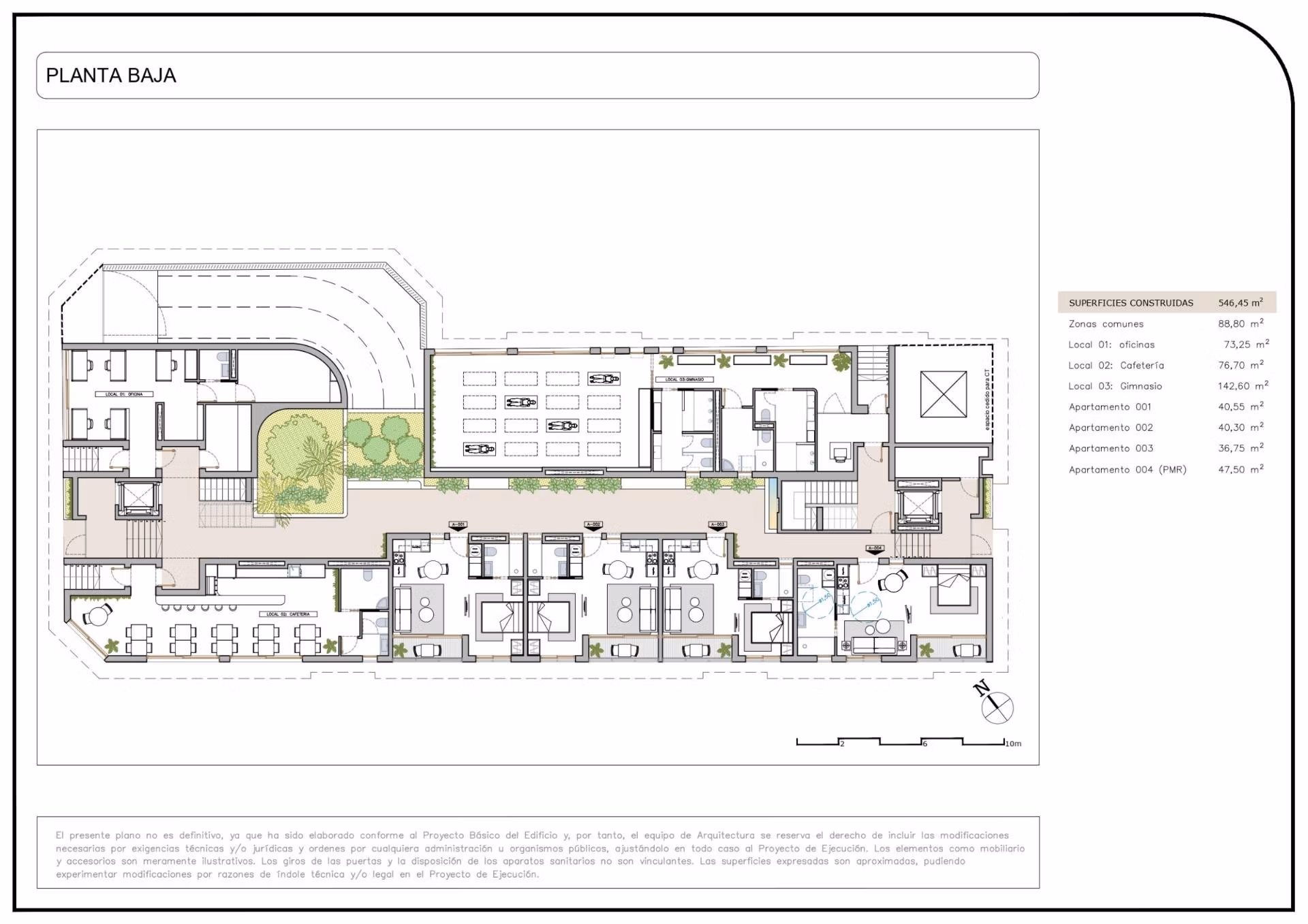 Detailed floor plan of a modern furnished 2-bedroom tourist apartment complex with landscaped courtyard in Lo Pagán, San Pedro del Pinatar.