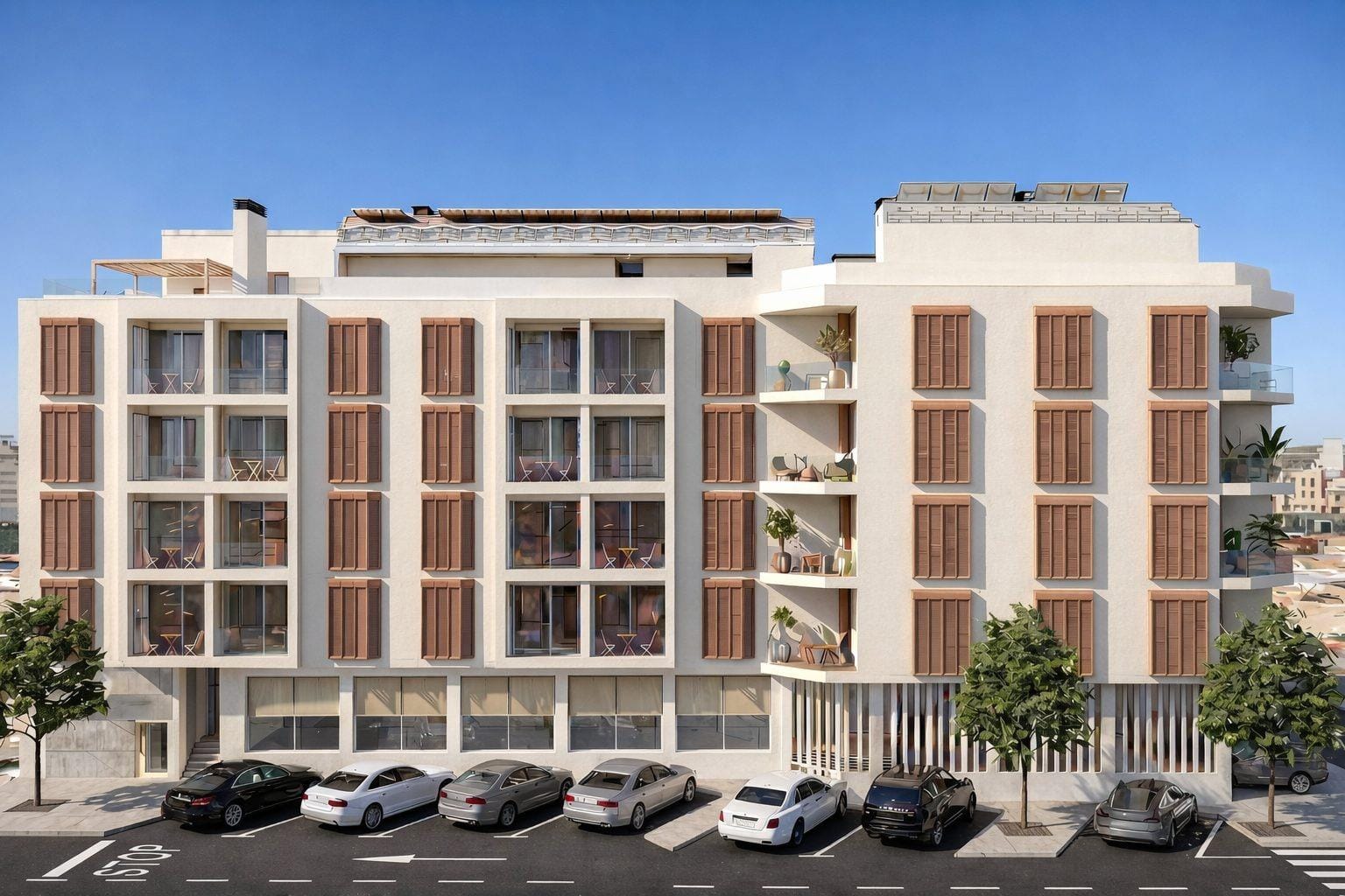 Modern, sunlit furnished new build 2-bedroom tourist apartment exterior with wooden shutters in vibrant Lo Pagán, San Pedro del Pinatar.