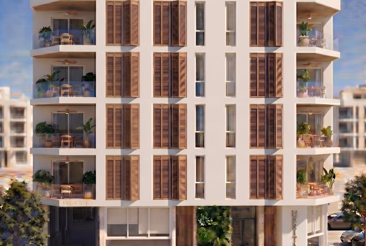 Modern sun-drenched exterior of furnished 2-bedroom tourist apartment building with balconies in vibrant Lo Pagán, San Pedro del Pinatar