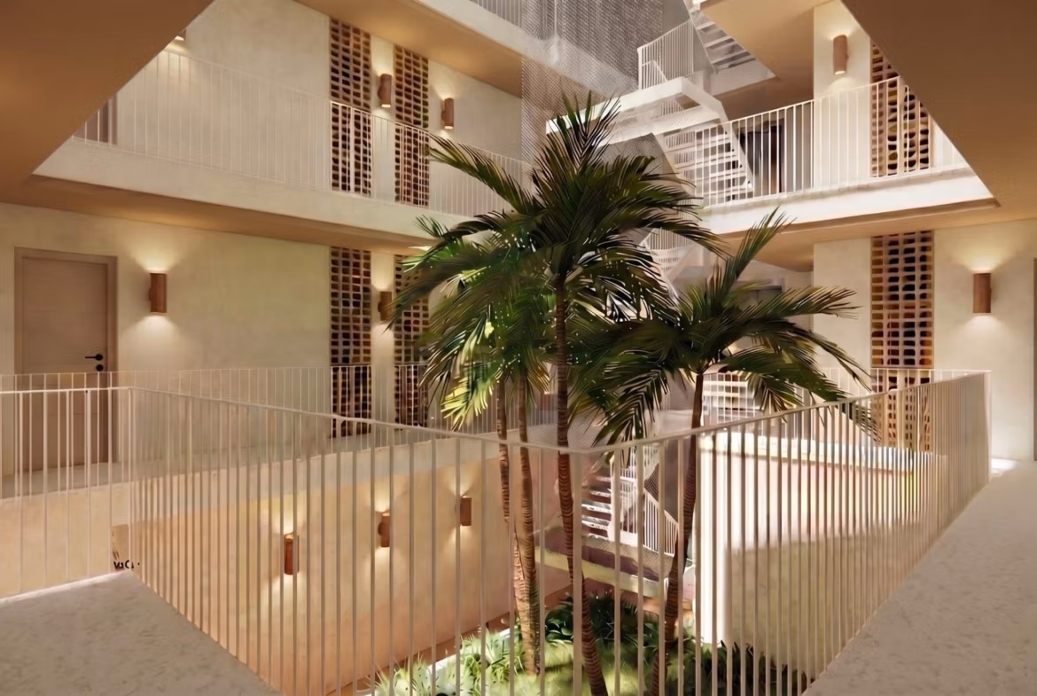 Elegant sunlit interior courtyard with lush palm trees and modern staircase in furnished new build 2-bedroom apartment, Lo Pagán.