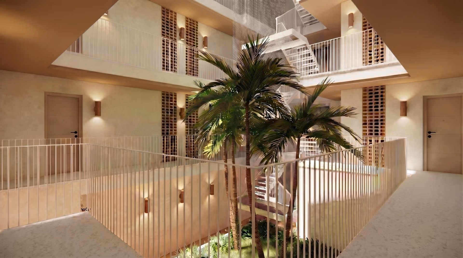 Elegant sunlit interior courtyard with lush palm trees and modern staircase in furnished new build 2-bedroom apartment, Lo Pagán.