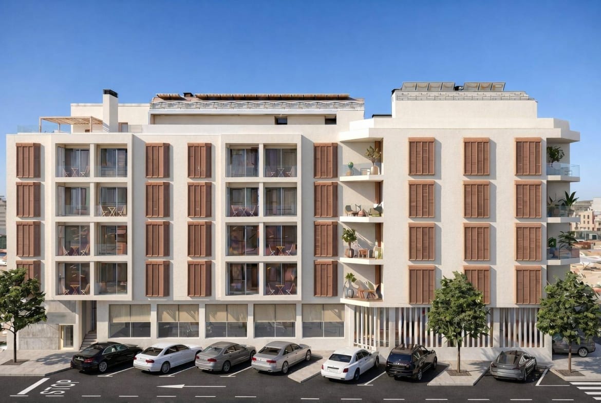 Modern, bright new build ground floor studio apartment exterior with wooden shutters and balconies in Lo Pagán, San Pedro del Pinatar.