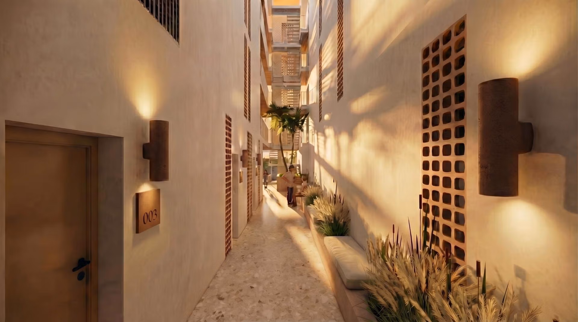 Sunlit, narrow courtyard walkway with textured walls and modern lighting in furnished new build 2 bedroom apartment, Lo Pagán, San Pedro del Pinatar
