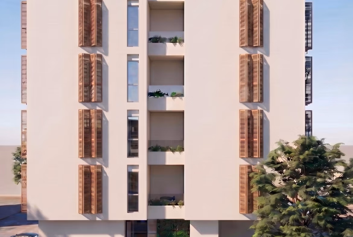 Modern sun-drenched exterior of furnished new build 2 bedroom tourist apartment in Lo Pagán, San Pedro del Pinatar with stylish wooden shutters.