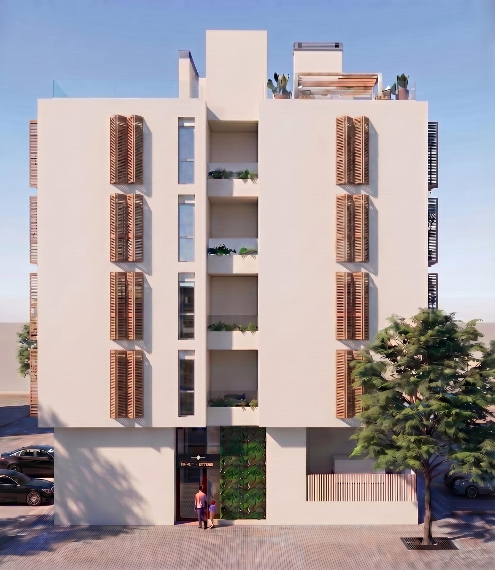 Tourist-Apartments-Near-the-Beach-in-Lo-Pagan-San-Pedro-del-Pinatar-Investment-Opportunity-on-the-Costa-Calida-6 Modern sunlit exterior of a furnished new build ground floor studio apartment in Lo Pagán, San Pedro del Pinatar with wooden shutters.