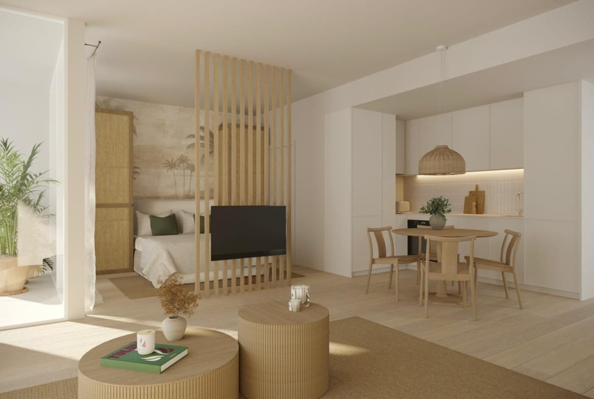 Bright and modern furnished ground floor studio with open-plan living and kitchen in a new build tourist apartment, Lo Pagán San Pedro del Pinatar.