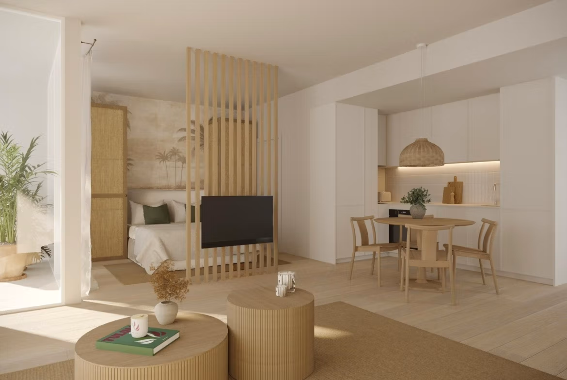 Bright and modern furnished 2-bedroom tourist apartment in Lo Pagán with open-plan living, sleek kitchen, and natural wood accents.
