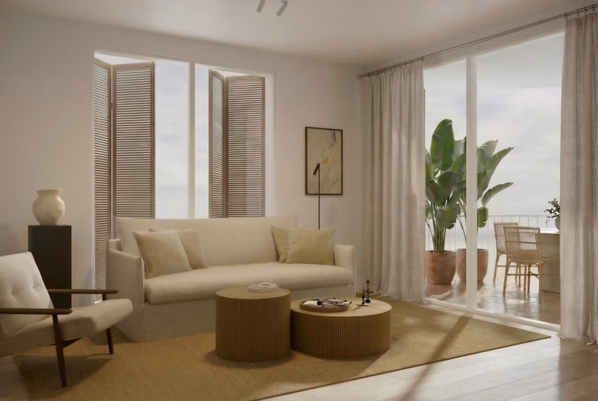 Bright, modern living room with elegant neutral tones and natural light in a furnished 2-bedroom tourist apartment in Lo Pagán, San Pedro del Pinatar.