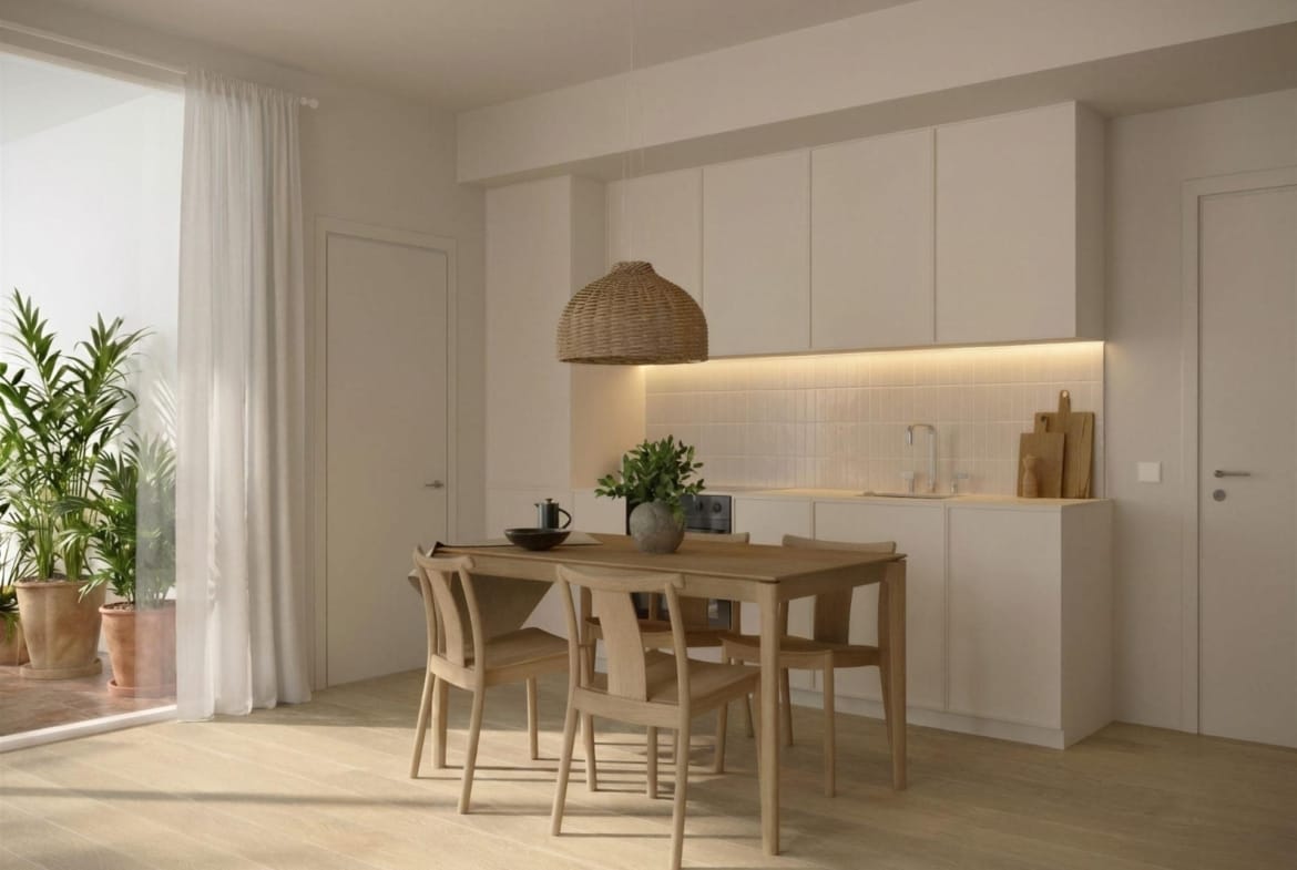 Bright, modern furnished new build studio apartment kitchen and dining area with natural light in Lo Pagán, San Pedro del Pinatar.