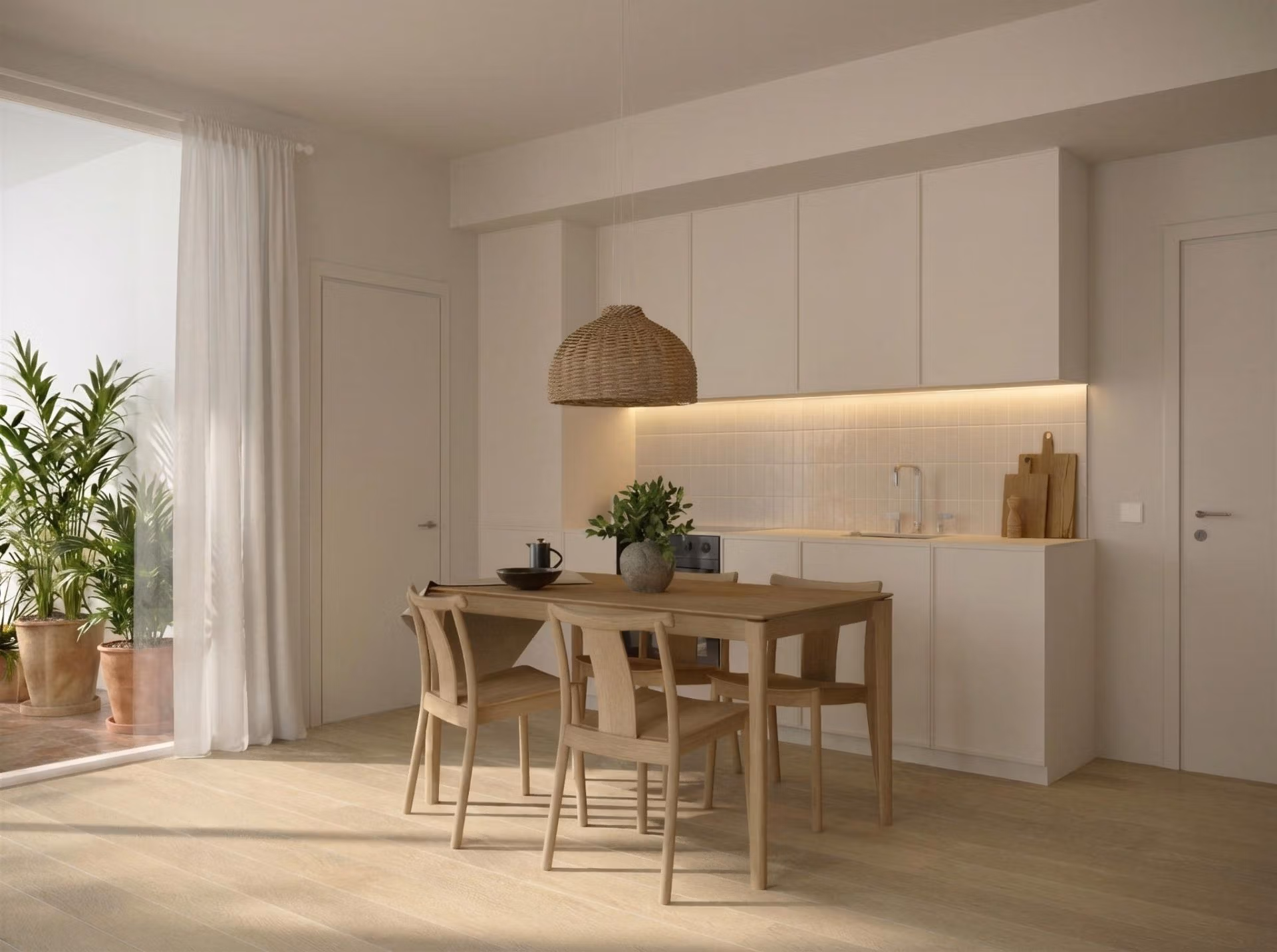 Bright, modern kitchen and dining area in a furnished new build 2-bedroom tourist apartment in Lo Pagán, San Pedro del Pinatar