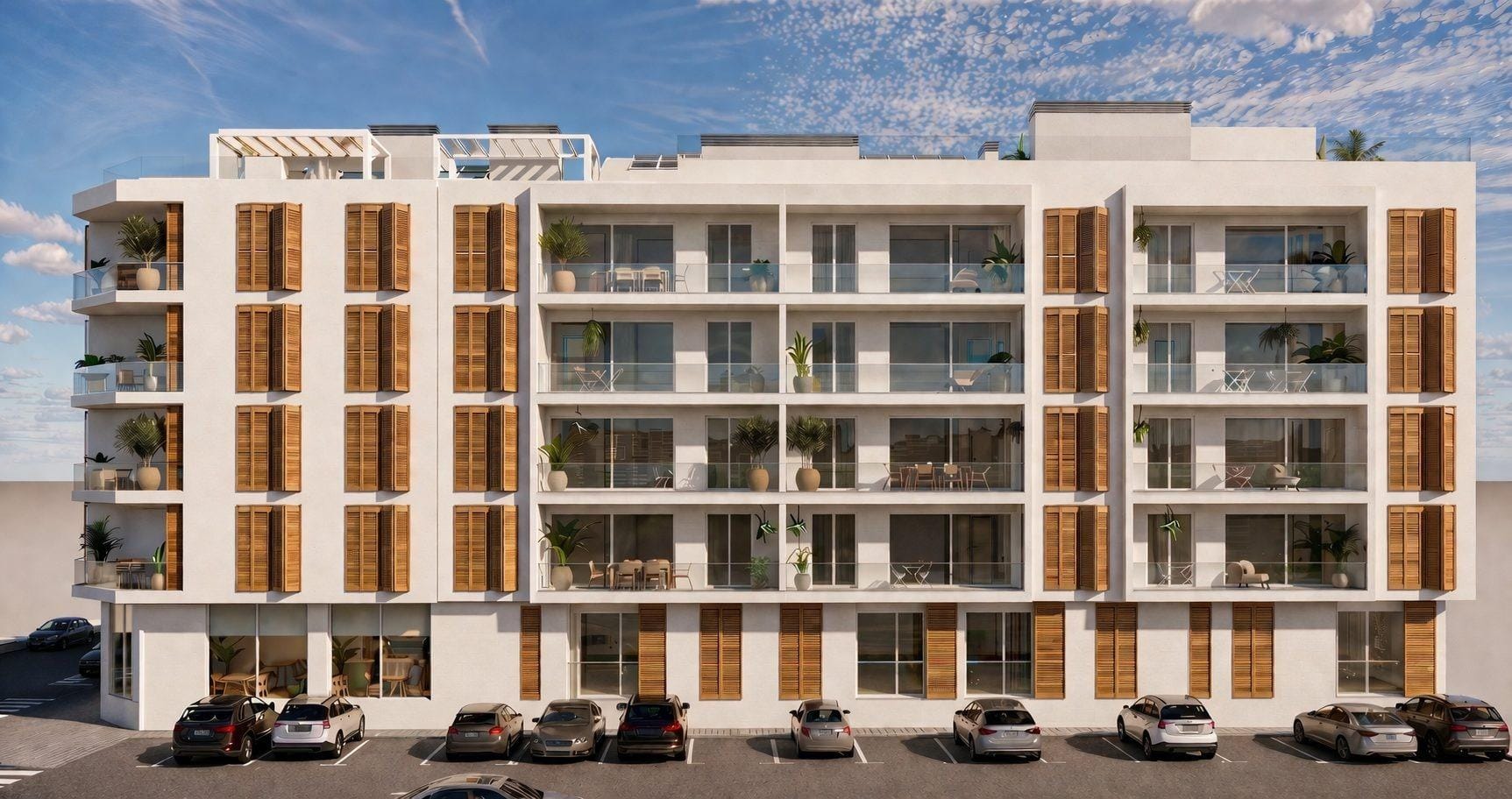 Tourist Apartments Near the Beach in Lo Pagán-San Pedro del Pinatar: Investment Opportunity on the Costa Cálida Modern, sun-drenched new build apartment exterior with spacious terraces and wooden accents in Lo Pagán, San Pedro del Pinatar.