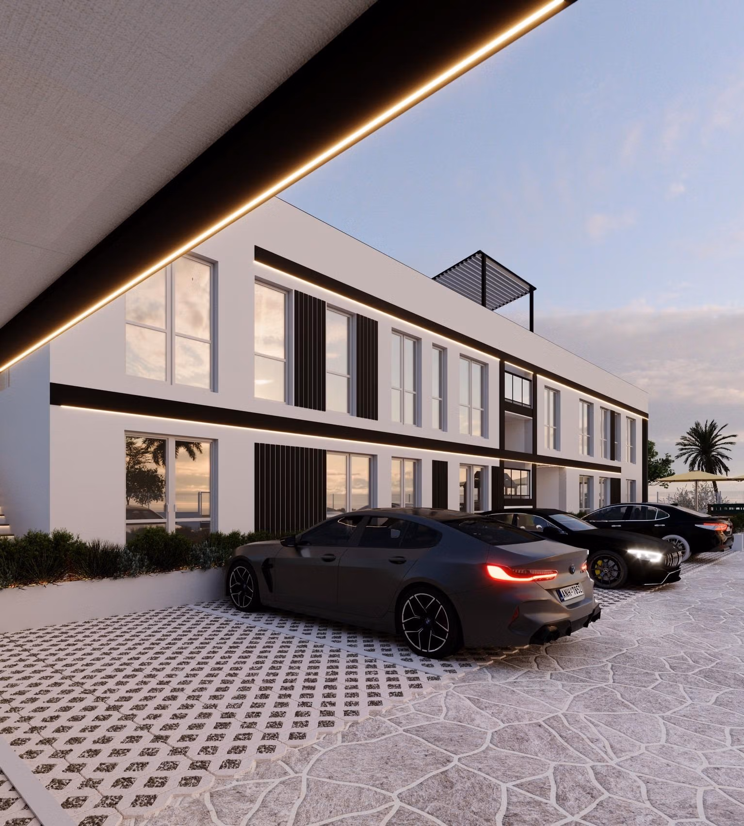 Tourist-Licensed-New-Build-Apartments-in-Finestrat-Investment-Opportunity-Near-Golf-and-Benidorm-1 Modern sleek exterior of smart new build 1 bedroom apartment in Finestrat, Benidorm with stylish parking area at dusk