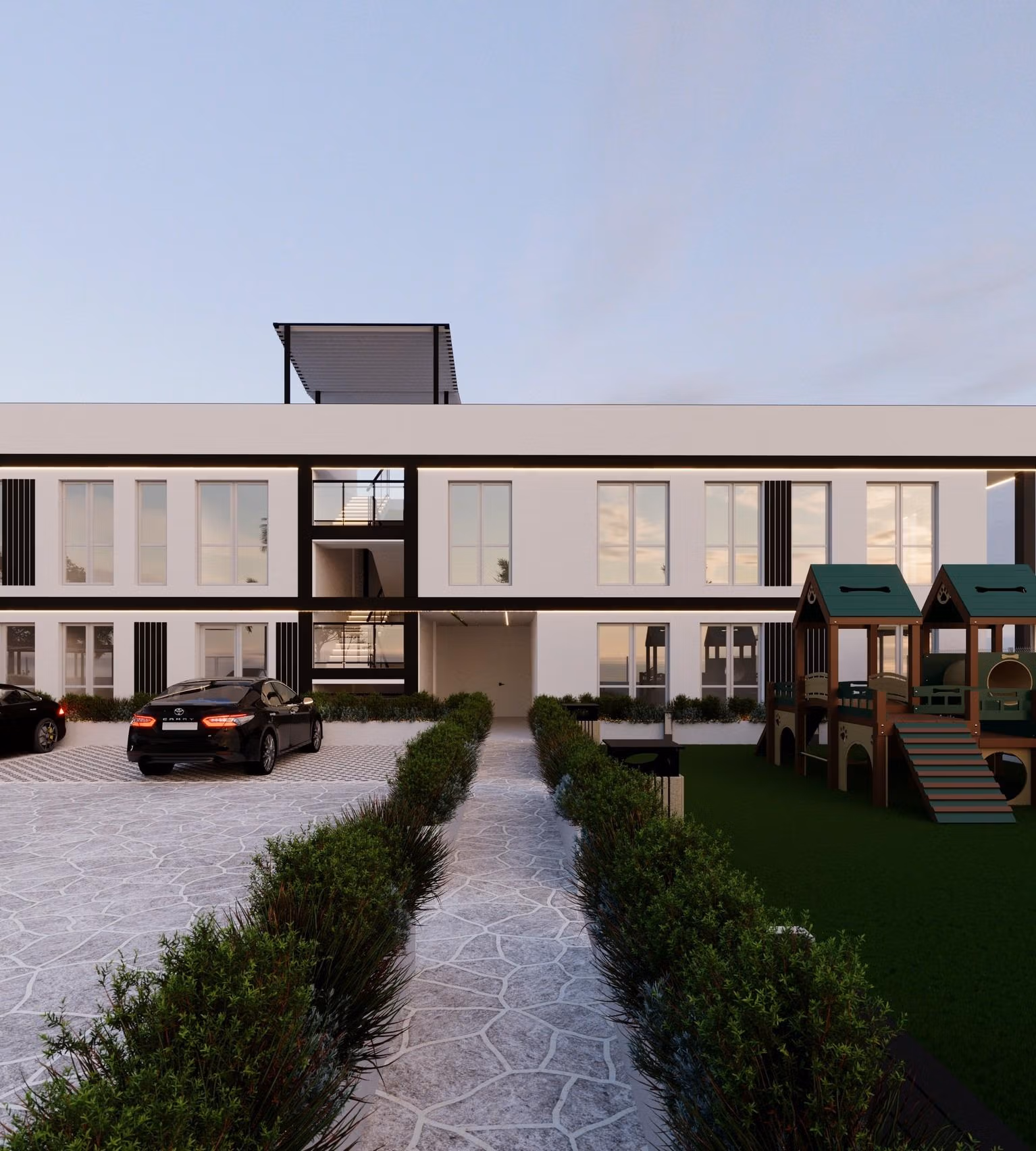 Tourist Licensed New Build Apartments in Finestrat: Investment Opportunity Near Golf and Benidorm Modern smart new build 1-bedroom apartment exterior in Finestrat, Benidorm with sleek parking and landscaped playground area.
