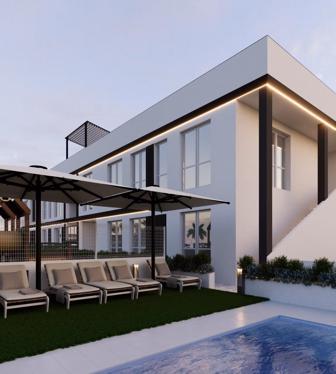 Tourist-Licensed-New-Build-Apartments-in-Finestrat-Investment-Opportunity-Near-Golf-and-Benidorm-3 Modern smart new build 1 bedroom apartment exterior with sleek pool and sun-drenched terrace in Finestrat, Benidorm