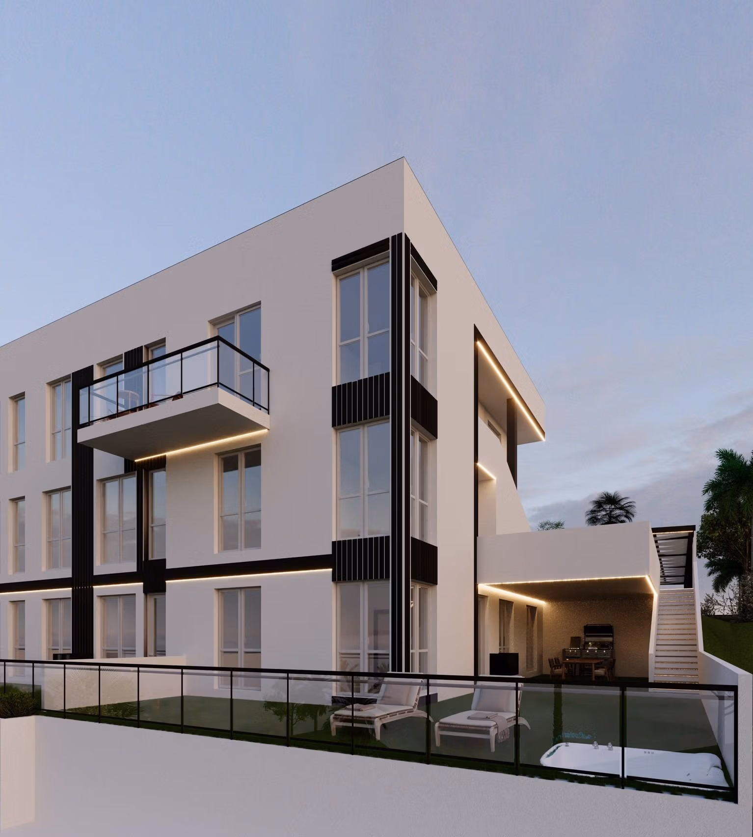 Tourist-Licensed-New-Build-Apartments-in-Finestrat-Investment-Opportunity-Near-Golf-and-Benidorm-4 Modern smart new build 1-bedroom apartment exterior in Finestrat, Benidorm with sleek glass balconies and elegant outdoor lounge area.