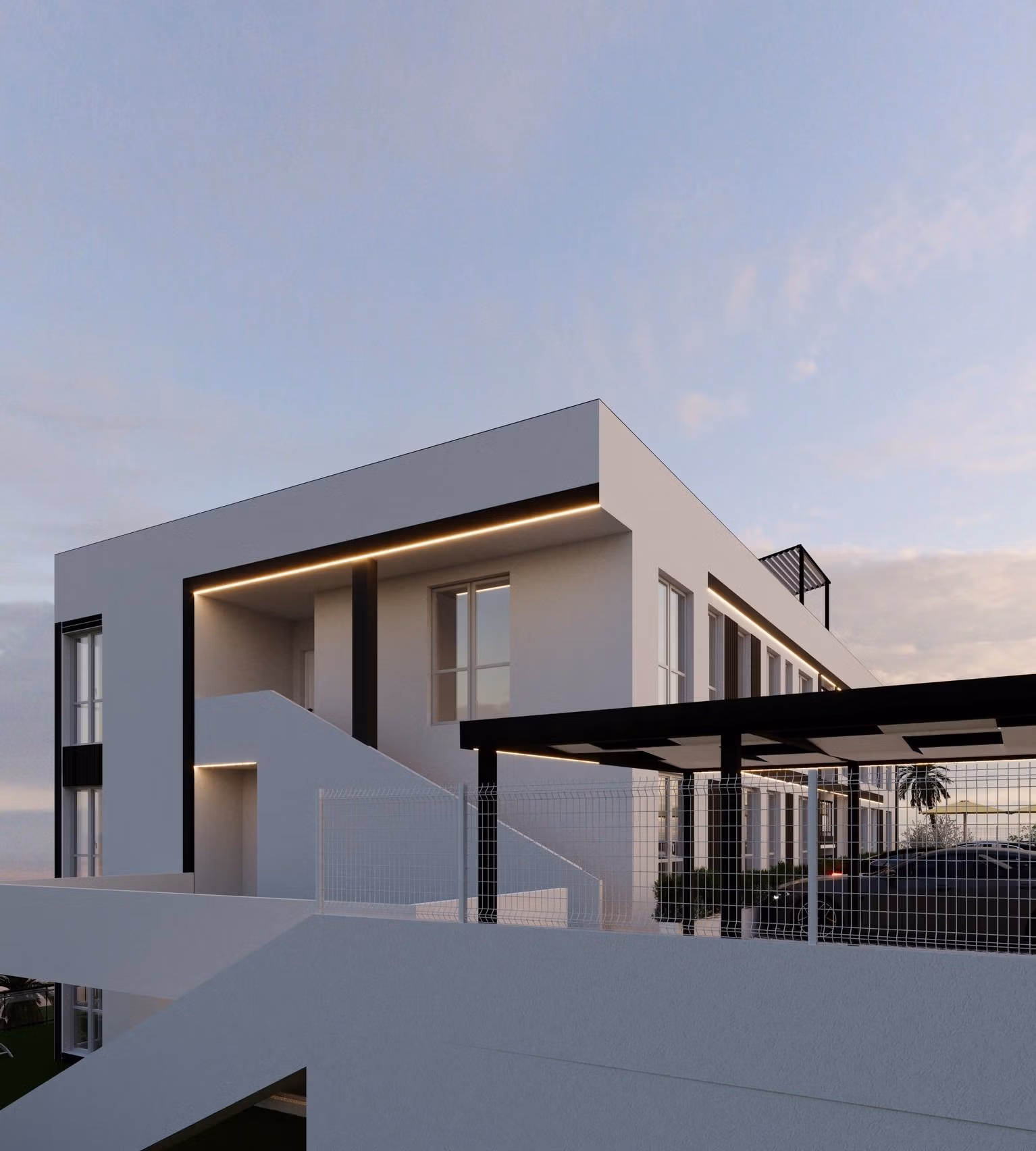 Tourist-Licensed-New-Build-Apartments-in-Finestrat-Investment-Opportunity-Near-Golf-and-Benidorm-5 Modern smart new build 1-bedroom apartment exterior in Finestrat, Benidorm, with sleek lines and ambient lighting at dusk