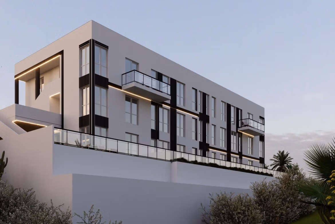 Tourist-Licensed-New-Build-Apartments-in-Finestrat-Investment-Opportunity-Near-Golf-and-Benidorm-7 Modern smart new build 1-bedroom apartment with sleek balconies and landscaped surroundings in Finestrat, Benidorm.