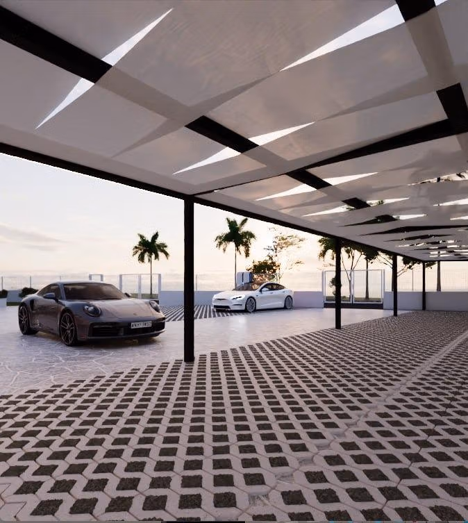 Tourist-Licensed-New-Build-Apartments-in-Finestrat-Investment-Opportunity-Near-Golf-and-Benidorm-8 Spacious covered parking area with modern luxury cars and palm trees at the smart new build 1-bedroom apartment in Finestrat, Benidorm