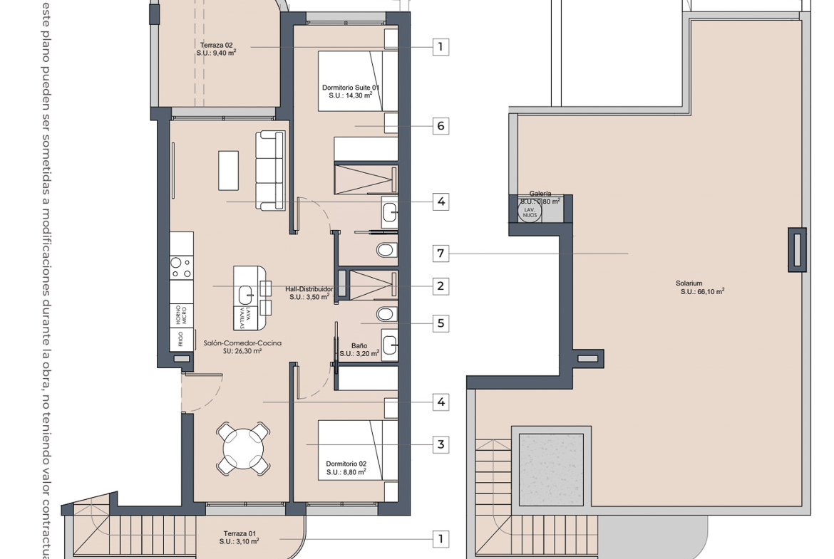 Modern, spacious 2-bedroom penthouse floor plan with open living area and large solarium terrace in Los Alcazares.