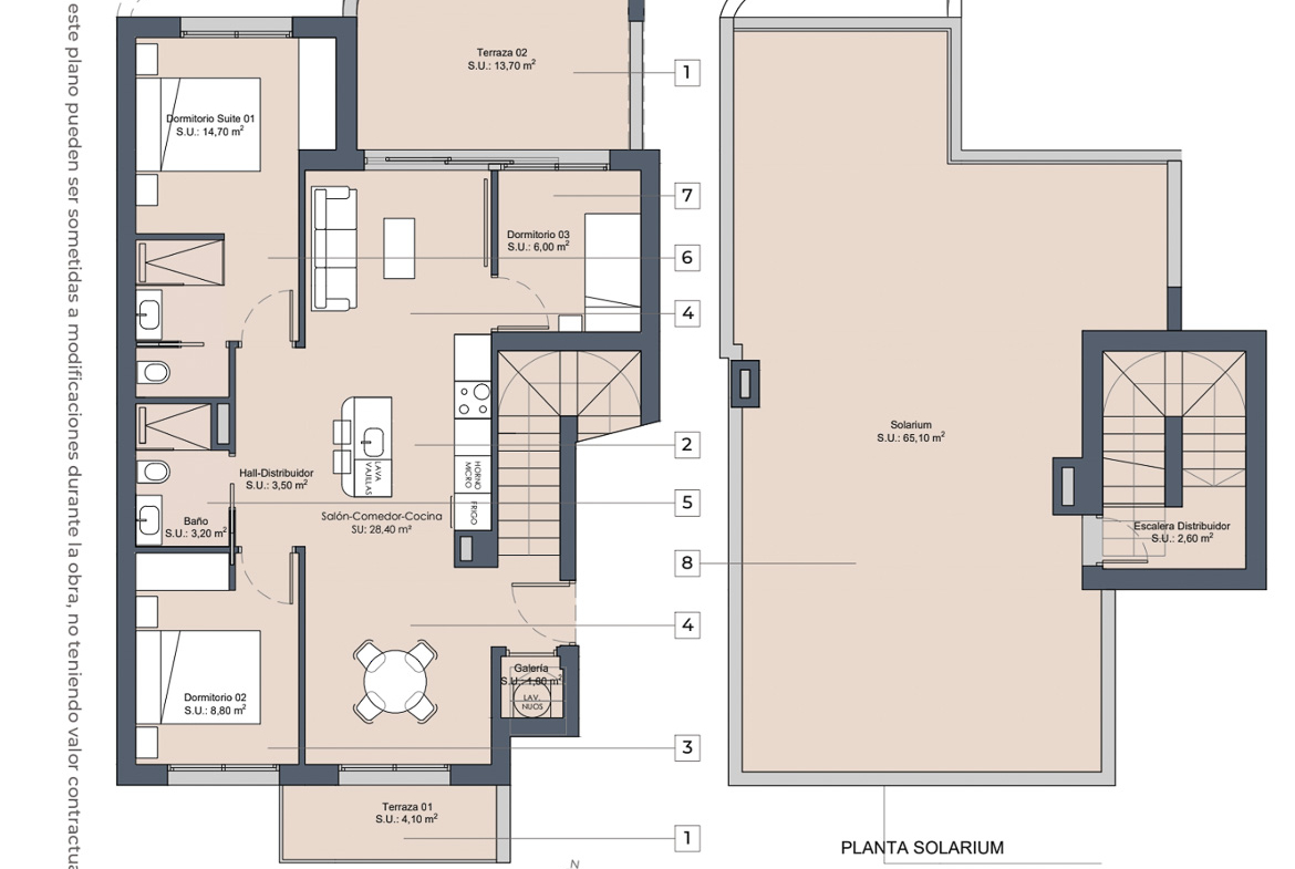 Spacious 3-bedroom penthouse floor plan with modern open living, terraces, and expansive solarium in Los Alcazares luxury new build