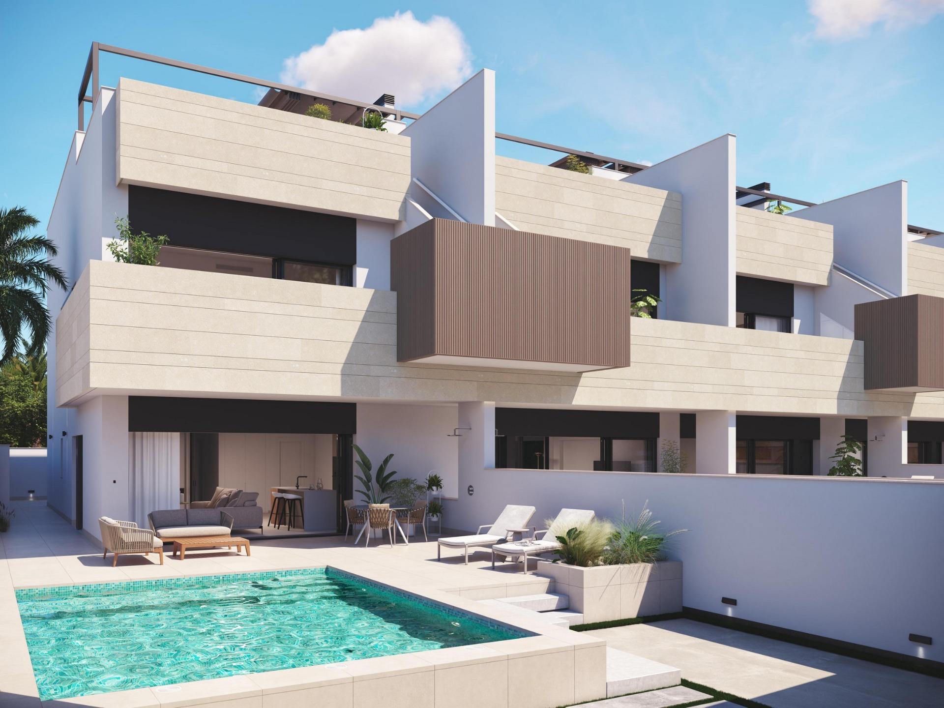 Modern 3-bedroom ground floor home in Pilar de la Horadada with sleek private pool, spacious terrace, and sunlit garden area