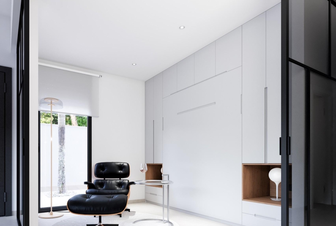 Bright modern lounge area in exclusive 3-bedroom ground floor home in Pilar de la Horadada with sleek black leather...
