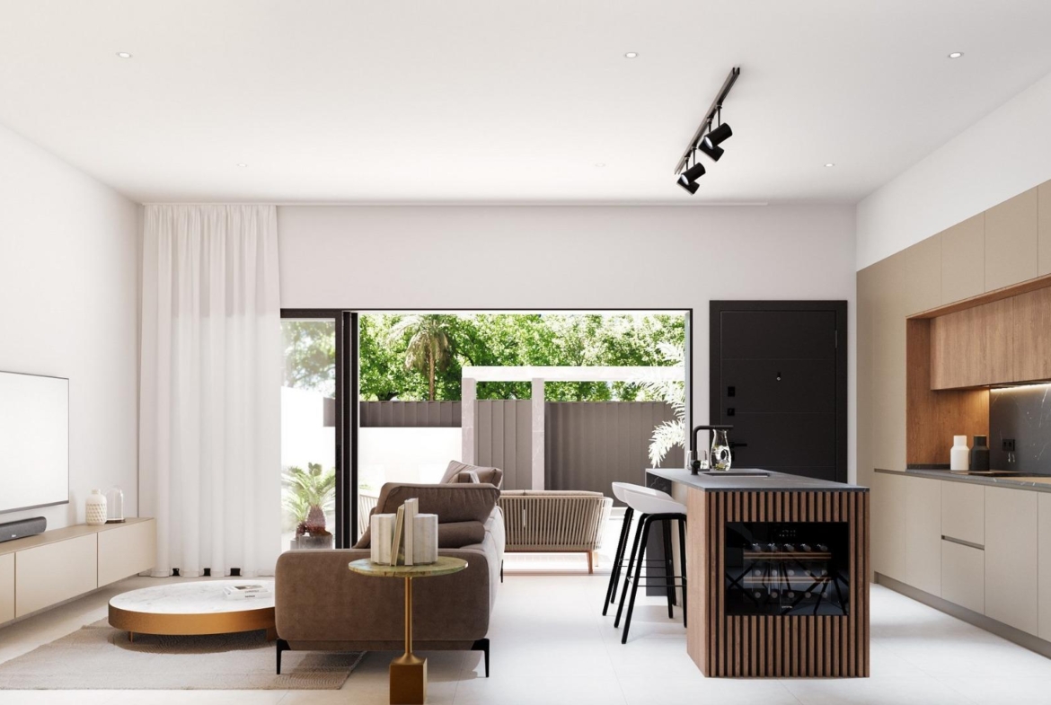 Bright and modern 3-bedroom ground floor home in Pilar de la Horadada with sleek kitchen, cozy living area, and garden views